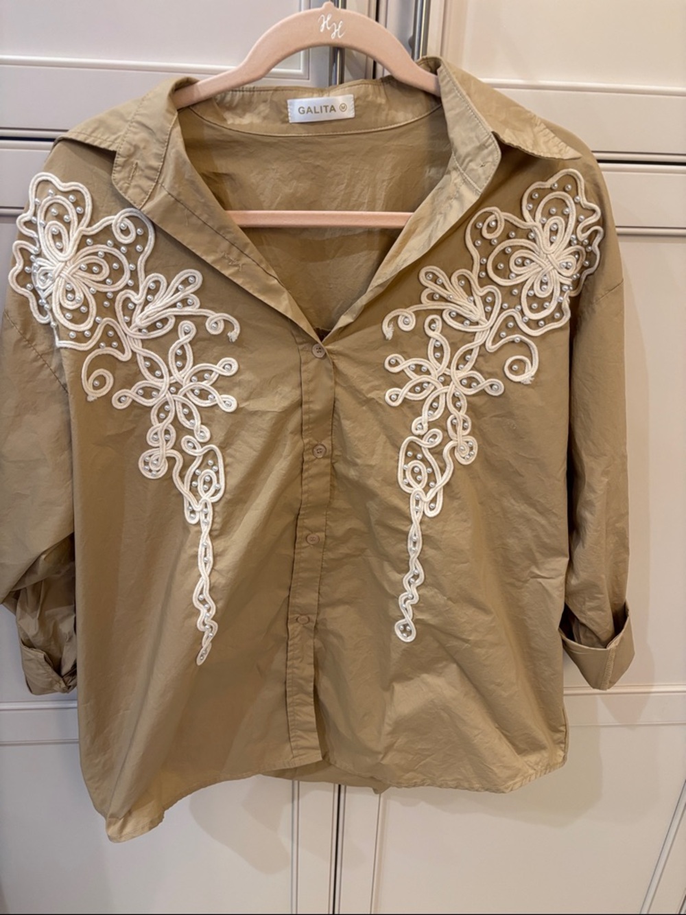 Galita Khaki Button-Down Shirt with White Embroidery